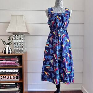 Vintage Cotton Geometric Print Sundress 80s Marimekko Style